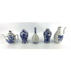 A matched pair of 19th century Chinese blue and white baluster form vases, one painted with a Dragons amidst flowers and foliage, the other with two opposing cartouche panels painted with exotic birds, 18th/ 19th century Chinese coffee pot painted with birds in a tree, Chinese teapot and Japanese vase (5)