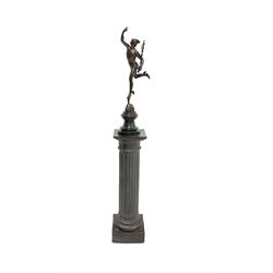 After Giambologna - Patinated bronze figure of Mercury on a marble base and with a fluted pottery pedestal H150cm, height of bronze and marble 70cm