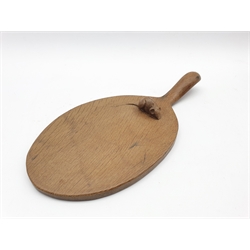 'Mouseman' oak cheeseboard of oval form with raised handle, by Robert Thompson of Kilburn, D56cm, H47cm