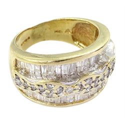 Gold baguette and round brilliant cut diamond ring, hallmarked 14ct, total diamond weight approx 2.85 carat