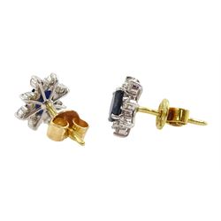 Pair of 18ct gold oval sapphire and round brilliant cut diamond cluster stud earrings
