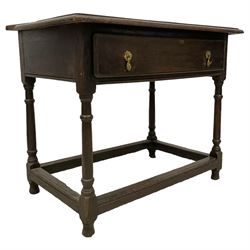 17th century oak side table, rectangular top with moulded edge, fitted with single drawer, raised on turned supports united by box-stretcher