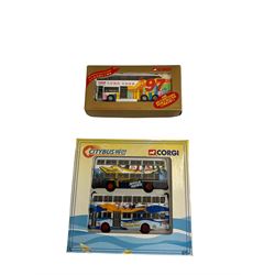 Collection of Corgi diecast buses including The 100th New Bus, various City Buses, China Motor Bus, KMB Man Bus, Magical Mystery Tour, Super Bus, Ocean Park City bus Tour, London 2012 Handover Bus and others, boxed (46)