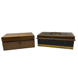 Victorian walnut sewing box with sewing contents together with metal cash tin max W30cm
