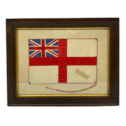 Royal Navy small silk Ensign flag presented to Lena Mitchinson for her work with the Admiralty signed 'Beresford' framed 20cm x 29cm. Admiral the Lord Charles Beresford (1846 -1919) was a British Admiral and Member of Parliament.