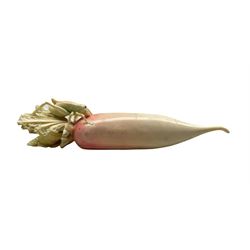 19th century Chinese stained and carved ivory model of a radish with grasshopper, L16cm 