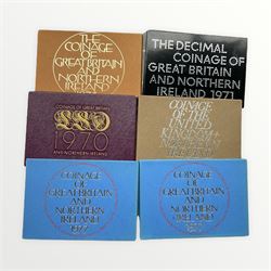 Six The Royal Mint coinage of Great Britain and Northern Ireland coin year sets dated 1970, 1971, 1974, two 1977 and 1978, in plastic holders with card covers (6)