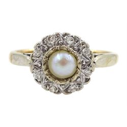 18ct gold diamond and split pearl circular ring, hallmarked