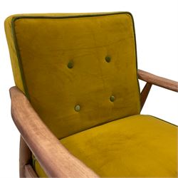 Pair contemporary easy armchairs, upholstered in mustard fabric with contrasting green buttoning and piping 