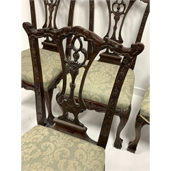 Late 20th century Chippendale design set six dining chairs, pierced and carved splat. the uprights and cresting rails carved with foliage and flower heads, cabriole supports with ball and claw feet, knees carved with acanthus leaves, upholstered over stuffed seats, seat width - 54cm, seat height - 50cm