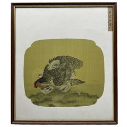 Kōno Baire (Japanese 1844-1895): A Diving Duckling, woodblock print bearing inscriptions together with another similar woodblock print on fabric max 22cm x 31cm (2)