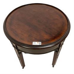 Georgian Chippendale design mahogany side table, circular top with raised edge over plain frieze, on square supports with C-scroll brackets and geometric moulding, on castors