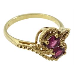 9ct gold two stone round ruby crossover ring, hallmarked