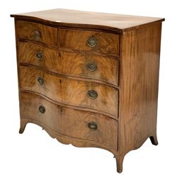 George III mahogany serpentine fronted chest of three long and two short drawers on splay supports W100cm