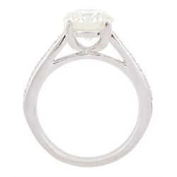 Platinum single stone round brilliant cut diamond ring, with diamond set shoulders, stamped Plat 950, principal diamond 2.22 carat, European Diamond Reports certificate