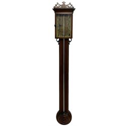 George III mercury stick barometer in an oak case – with an open carved fretwork pediment and glazed rectangular door with inlaid parquetry borders beneath, unsigned paper scale with weather predictions, simple steel pointer and spirit thermometer, exposed bulb cistern tube with a dome turned cistern cover to the rounded base.