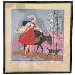 F M Fell (British 20th century): 'Erin' Girl with firewood and Donkey, watercolour signed and titled 32cm x 32cm