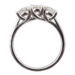  Platinum three stone round brilliant cut dimaond ring, hallmarked, total diamond weight approx 1.50 carat  