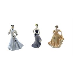 Seven Coalport figures comprising Femmes Fatales 'Emma Hamilton', Elaine, The Goose Girl, Ladies of Fashion Gail and Admiration and two others (7)