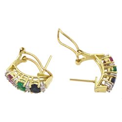 Pair of 14ct gold diamond, sapphire, ruby and emerald half hoop earrings, stamped