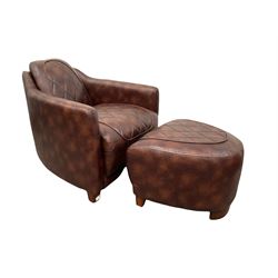 'Aviator' armchair upholstered in brown leather together with footstool 