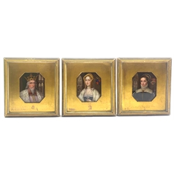 Attrib. Henry Bone (British 1755-1834): 'Henry VII', 'Margaret Plantagenet, Countess of Salisbury' and 'Lady Catherine Pole', set three octagonal enamel on copper portrait miniatures unsigned, each titled in pencil verso and numbered 8802 on top edge of frame 8.5cm x 7cm (3)
Provenance: by repute from the collection of the Marquis of Hastings, sold in 1869, information attached to reverse of Margaret Plantagenet picture.