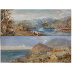 English School (19th/20th century): Swiss Lakeland Landscape with Figures and Abbey, pair watercolours unsigned 19cm x 46cm (2)