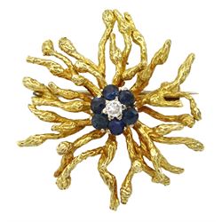18ct gold round diamond and sapphire abstract design brooch 