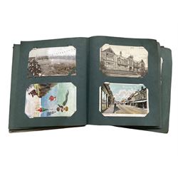 Early 20th century Post Card album containing various postcards including scenes of Sheffield, Whitby, York, family portraits, Scarborough and Skegness comical postcards etc 
