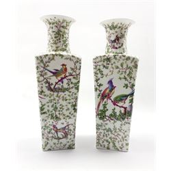 Pair 20th Century Continental square section vases decorated with exotic birds and flowers H38cm 