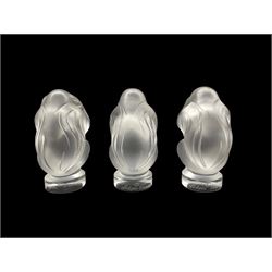 Set of three Lalique 'Wise Monkeys' See No Evil, Speak No Evil, Hear No Evil, each signed Lalique France, H7cm max (3)