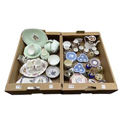 Coalport relief moulded tea set on green ground, early 20th century Royal Albert coffee set, Grimwades Winton Ware sandwich set, Royal Crown Derby Posies pattern two handled dish, cream & milk jugs, other ceramics and table linen in three boxes