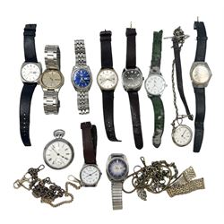 Collection of wristwatches including Seiko Sportsmatic automatic, four other Seiko automatic's, Sekonda, pocket watch and chains