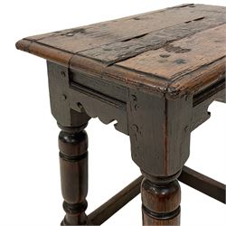 18th century oak joint stool, moulded rectangular top on turned supports joined by plain stretchers, pegged construction 