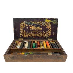 Windsor and Newton mahogany hinged watercolour box with internal tray and gilt leather insert 'Windsor and Newton Limited 38. Rathbone Place London' 13cm x 26cm