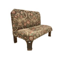 19th century Banquette, high back and seat with canted corners upholstered in floral fabric, raised on decorative oak supports with applied turned quarter round pilasters and decorative inlay - in the style of Gillows or Lamb of Manchester