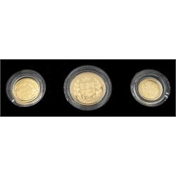 Queen Elizabeth II 2002 gold proof three coin collection, comprising double sovereign (two pounds), sovereign and half sovereign coins, cased with certificate