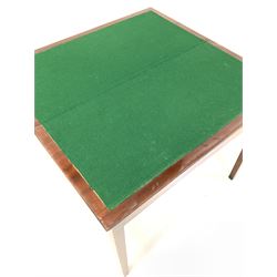 Georgian mahogany card table, the fold over top with reeded edge revealing baize lined playing surface, raised on square tapered supports 91cm x 44cm, H75cm