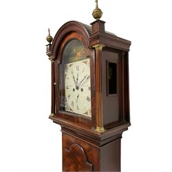 Isaac Cohen of Hastings - early 19th-century 8-day mahogany longcase clock, with a break arch pediment and two brass finials, conforming break arch hood door flanked by two pillars and brass capitals, long trunk door with a break arch top on a plinth with an applied decorative skirting, painted dial with a biblical depiction of Caine and Abel to the arch, floral spandrels, roman numerals and minute track with matching steel hands and subsidiary date and seconds dials, dial pinned via a falseplate to a rack striking movement with a recoil anchor escapement, striking the hours on a cast bell. With pendulum, weights and key.