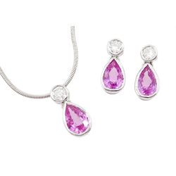 White gold pear shaped pink sapphire and round brilliant cut diamond pendant necklace, with a pair of matching stud earrings, all hallmarked 18ct