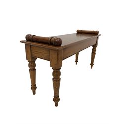 Victorian style oak window seat, the box seat with turned ends raised on turned supports L94cm