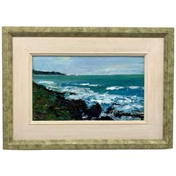 John Shave (British 20th century): 'Rocky Coast', oil on board signed, titled verso 23cm x 40cm
Notes: John Shave is a member of the Wapping Group of Artists and the East Anglian Marine Artists