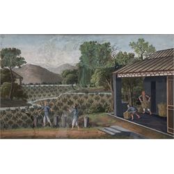 Chinese School (Late 19th century): Farmers Watering and PIcking Tea, gouache on paper unsigned 19cm x 30cm
Notes: This gouache was most likely part of a series of twelve focussed on tea cultivation and production 