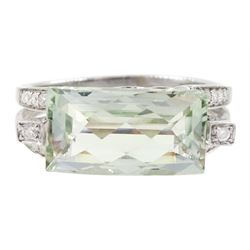 9ct white gold briolette cut green amethyst and round brilliant cut diamond ring, with diamond set shoulders, hallmarked