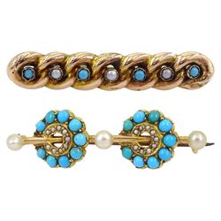 Early 20th century 15ct gold turquoise and pearl cluster brooch and a 9ct gold turquoise and split pearl chain brooch, with velvet and silk lined tooled leather box 
