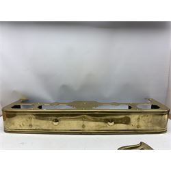 Brass fire fender, brass Tidy betty embossed with Art Nouveau design, copper coal scuttle together with pear of pierced fire irons (5)