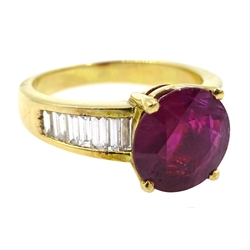  18ct gold round ruby ring, with baguette diamond shoulders, ruby approx 3.30 carat, diamond total weight approx 0.80 carat  