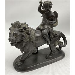 19th century Continental metal centrepiece with figures at a well H29cm, spelter figure of a cherub riding on a lion, coppered bust, pottery bust and a classical fragment (5)