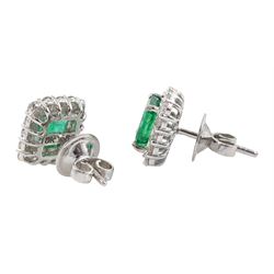 Pair of 18ct white gold square cut emerald and round brilliant cut diamond cluster stud earrings, total emerald weight approx 2.55 carat, total diamond weight approx 0.80 carat