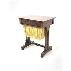 Regency mahogany work table, with sliding silk lined storage well and turned stretcher 